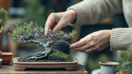 Senior person taking care of bonsai tree. Concept of hobbies, gardening, and mindfulness.の素材