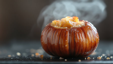 Steaming hot baked onion stuffed with savory filling on a dark background. Concept of comfort food, gourmet cuisine, and healthy eating.の素材