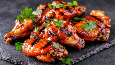 Grilled BBQ Chicken Wings with Parsley Garnish, A Delicious Culinary Conceptの素材