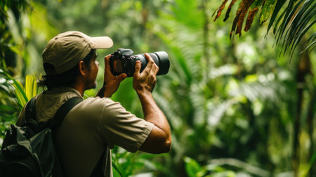 Wildlife photographer capturing nature in lush tropical jungleの素材