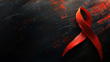 Red ribbon symbolizing AIDS awareness on a dark backgroundの素材
