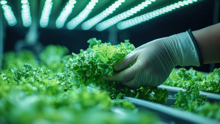 Hands harvesting fresh green lettuce in a hydroponic garden. Concept of organic farming, healthy eating, and sustainable agriculture.の素材