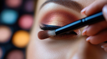 Close up of eye makeup application with brush. Beauty and cosmetics concept.の素材