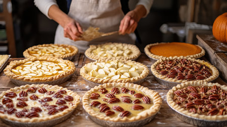 Variety of freshly baked Thanksgiving pies on a rustic wooden tableの素材