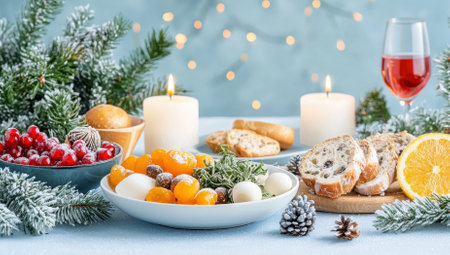 Festive holiday table setting with fruits, cookies, and candles. Concept of celebration and joy.の素材