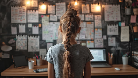 A girl working at a desk with notes and a computer. Concept of creativity and productivity.の素材