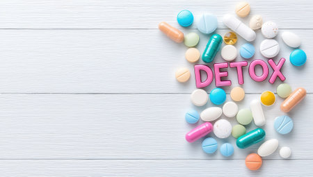 Detox concept with colorful pills and capsules on a wooden surface.の素材