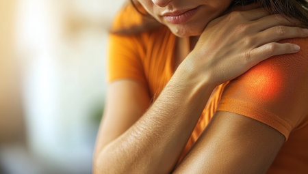Woman holding her shoulder in pain. Concept of injury, ache, and discomfort.の素材