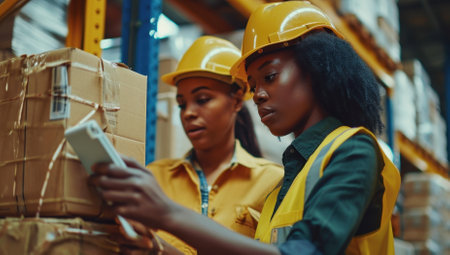 Two female warehouse workers scanning a package. Concept of logistics, shipping, and inventory management.の素材