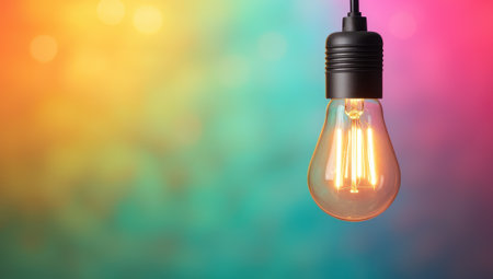 Light bulb with colorful bokeh background. Concept of idea, inspiration, and innovation.の素材