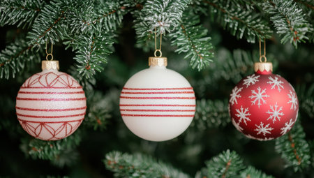 Christmas ornaments hanging on a tree. Festive holiday decoration.の素材