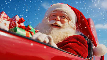 Santa Claus in a red car with gifts, celebrating Christmas in a snowy landscape.の素材