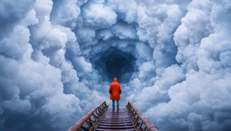A person in an orange coat standing on a bridge surrounded by swirling clouds. Concept of adventure and exploration.の素材