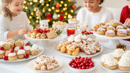 Festive holiday dessert table with cookies and treats. Family celebration concept.の素材