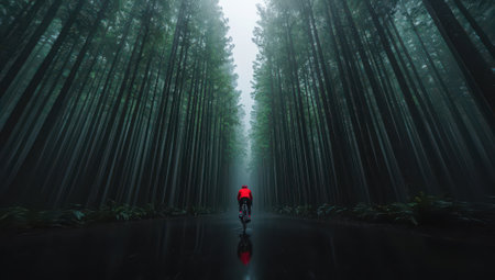 A cyclist riding through a misty forest. Concept of adventure, nature, and exploration.の素材