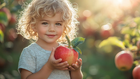 A cheerful child holding an apple in an orchard. Concept of health, nature, and childhood.の素材