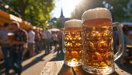 Close up of two beer mugs on a wooden table at an outdoor beer garden with people in the background. Concept of beer, festival, and celebration.の素材