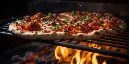 Delicious pizza cooking in a wood fired oven with flames, showcasing fresh toppings and a crispy crustの素材