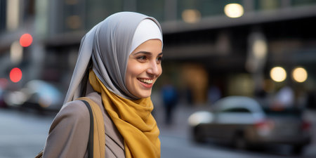 Portrait of a happy young Muslim woman wearing a hijab, walking in the city street, with a blurred urban background.の素材