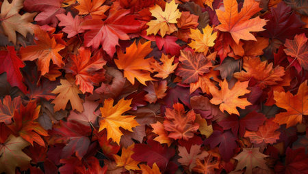 Colorful background of fallen autumn leaves. Autumn background. Top view of a ground covered with maple leaves.の素材