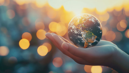 Hand holding a globe with blurred city lights and sunset, conceptual of protecting our planet and future generations.の素材