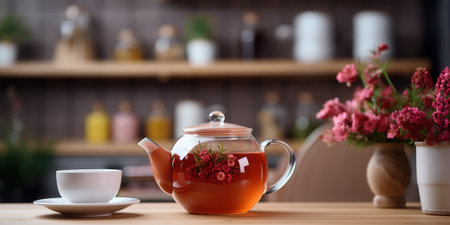 Aesthetic cozy home kitchen interior with a glass teapot, cup, and flowers on a wooden table. Warm and inviting atmosphere.の素材