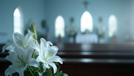 White lilies in a church, with altar and pews in the background. Concept of religion, faith, mourning, sadness, and love.の素材