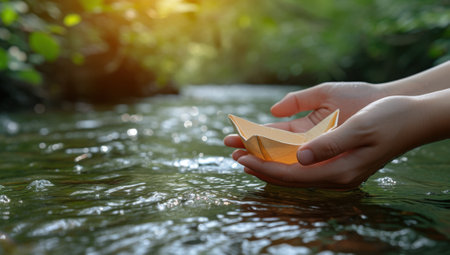 Hands holding a paper boat in a stream. Concept of nature, dreams, travel, environment, childhood, and freedom.の素材