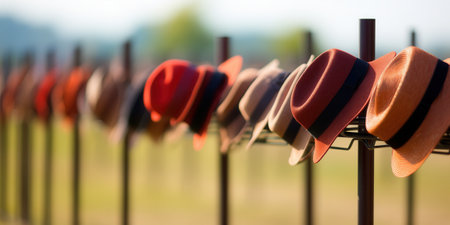 Various stylish Panama hats hanging on display outdoors. Fashionable headwear for summer events and festivals.の素材