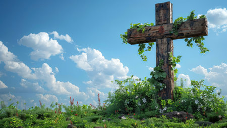 A rustic wooden cross surrounded by greenery and flowers under a bright blue sky with clouds. Symbolizes faith, nature, and spirituality.の素材