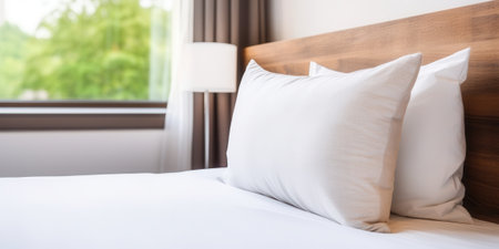 Close up of a bed with white pillows and sheets in a bright bedroom with a large window and green trees in the background. Concept of comfort and relaxation.の素材