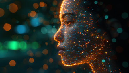 Abstract image of a woman's face with glowing data points. Concept of artificial intelligence, machine learning, and digital transformation.の素材