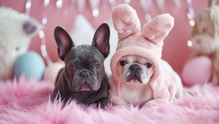 Two adorable French Bulldogs, one wearing a pink bunny costume, are lying on a pink fluffy rug. Easter themed decorations are in the background.の素材