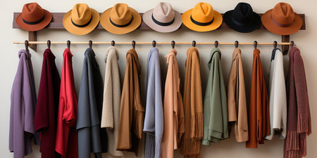 Stylish clothes and accessories hanging on a rack. Coats, scarves, and hats in various colors. Fashion, wardrobe, and retail concept.の素材