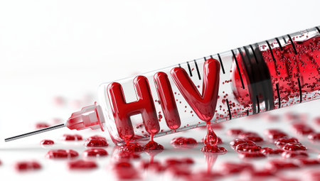 Syringe filled with blood and the word HIV. Concept for human immunodeficiency virus, Acquired Immuno Deficiency Syndrome, AIDS, treatment, and research.の素材