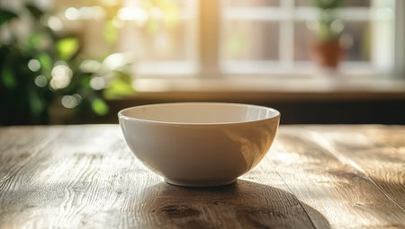 Empty white ceramic bowl on a wooden table in a sunlit room, ideal for showcasing breakfast, food, or kitchenware.の素材