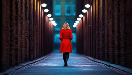 Woman in red coat walks down a dark, illuminated alleyway at night. Urban scene, concept for mystery, loneliness, or solitude.の素材