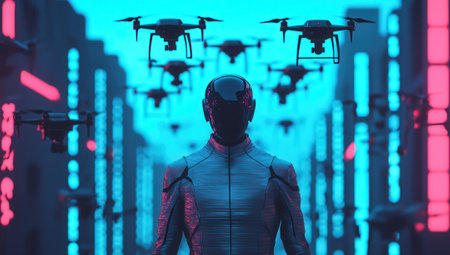 Futuristic scene of a person in a neon lit city with multiple drones flying overhead, representing advanced technology and surveillance.の素材