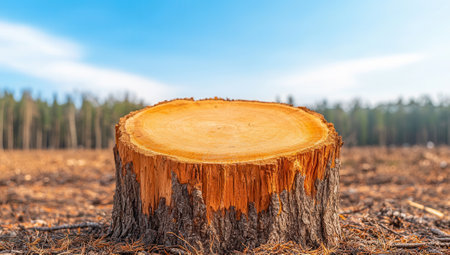 Close up of tree stump in a deforested area, symbolizing deforestation and environmental damage, with a forest and blue sky in the background.の素材