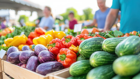 Fresh organic vegetables at a farmers market stall, featuring colorful bell peppers, zucchini, and eggplants, with shoppers in the background.の素材