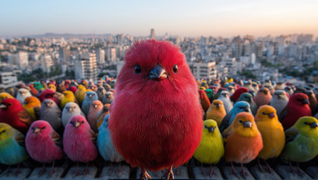 A vibrant red bird stands out among a diverse flock of colorful birds, perched on a rooftop overlooking a cityscape at sunset.の素材
