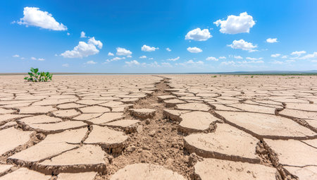 Cracked earth with a small plant under a blue sky with clouds. Dry cracked earth texture. Global warming and climate change concept.の素材