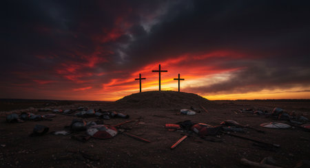 Three crosses on a hill after a battle, with discarded weapons and armor at sunset. Symbolizing sacrifice, war, and faith.の素材