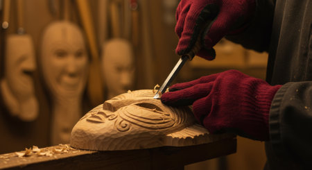 Artisan woodcarver's hands in gloves carving a traditional wooden mask with a chisel in a workshop.の素材