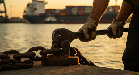 Dockworker securing a ship's mooring chain at sunset. Maritime labor, port operations, and cargo ship logistics.の素材