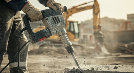 Construction worker using a jackhammer to break up concrete on a building site. Heavy machinery and dust in the background.の素材