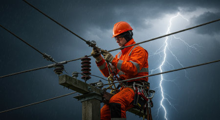 Electrician working on power lines during a thunderstorm, showcasing the dangers and essential nature of utility work in adverse weather conditions.の素材
