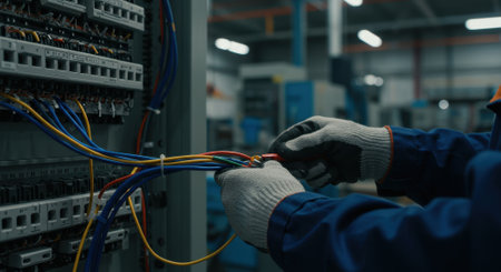 Electrician installing wires in a control panel. Industrial electricity, electrical installation, and maintenance concept.の素材
