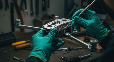 Technician assembling and repairing a drone using specialized tools in a workshop. Concept of drone maintenance and technology.の素材