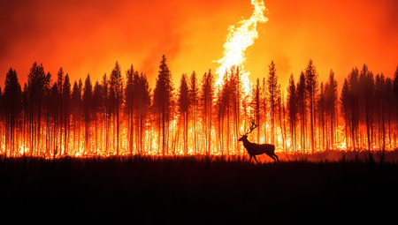 Silhouette of a deer fleeing from a raging forest fire, with flames engulfing trees in the background, symbolizing wildlife in danger and environmental crisis.の素材